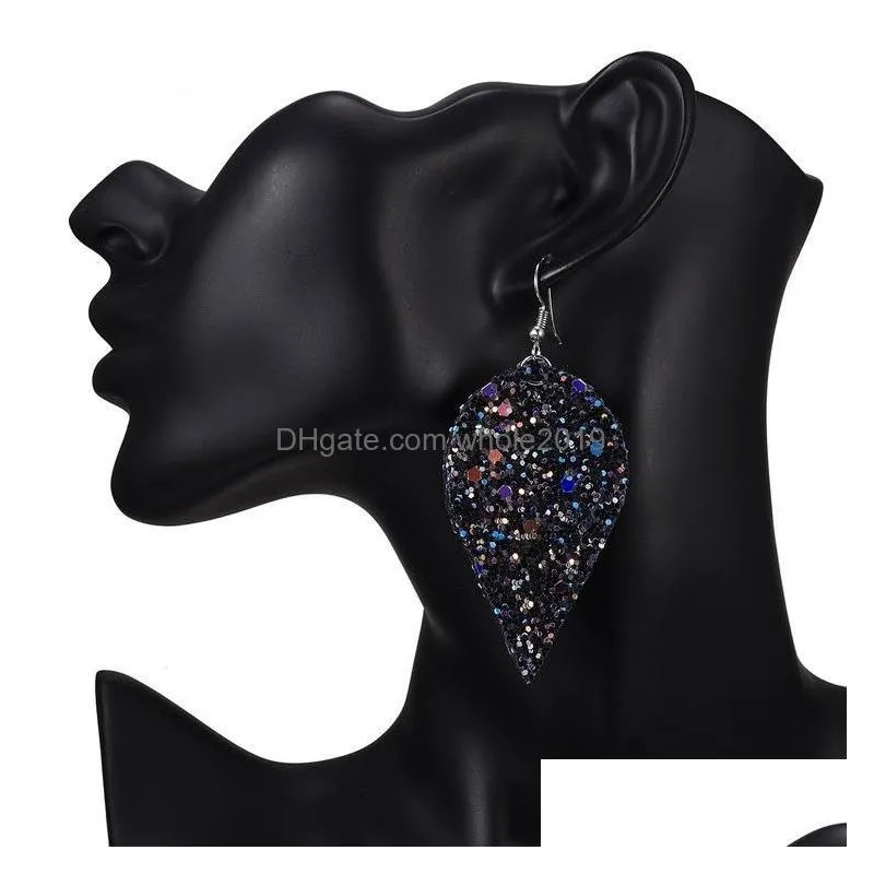 wholesale 12styles leafshaped leather doublesided sequined glitter earrings punk leaves leather charm pendant dangle hook earrings
