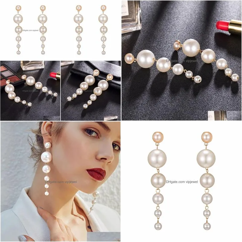 trendy elegant big simulated pearl long dangle earrings for women pearls string statement drop earrings for wedding party gifts