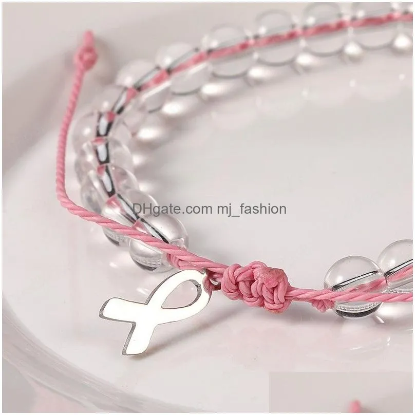 breast cancer awareness charm bracelet transparent glass beads bracelet for womens jewellery handmade rope jewelry trendy 2020