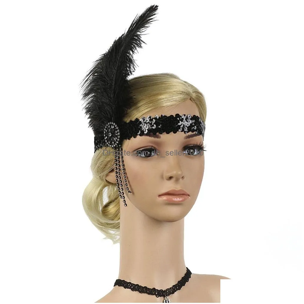 rhinestones headband flapper feather crystal beaded headwear women 1920s style accessories handmade wedding sequins accessories