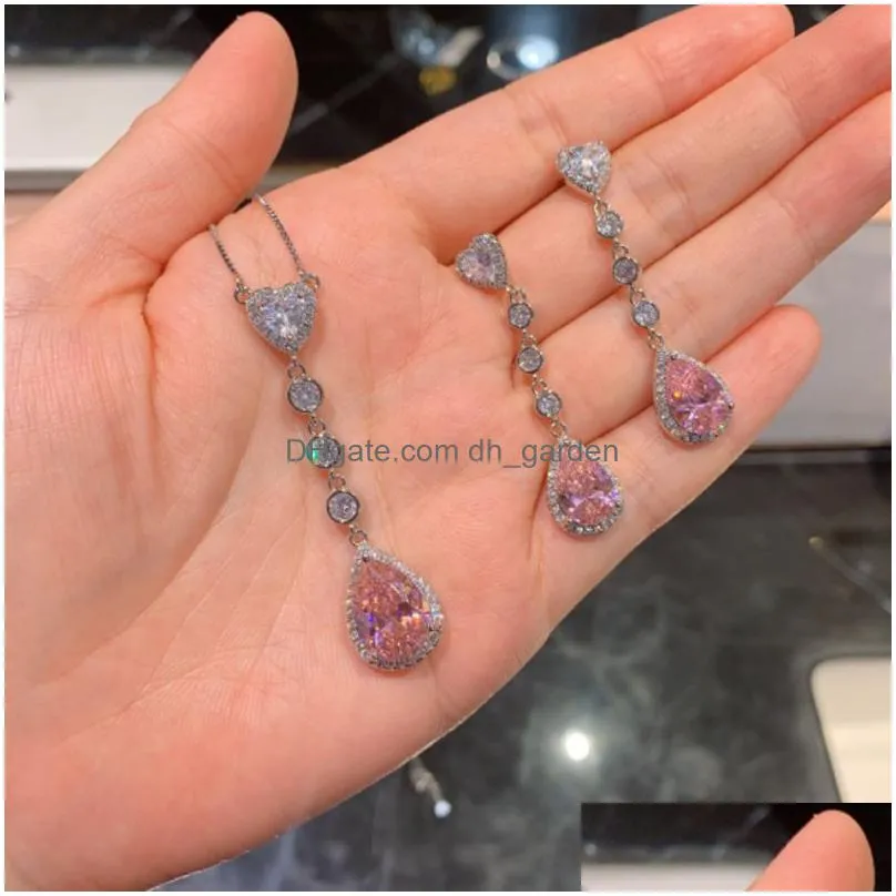 necklace earrings set waterdrop sweet pink stone beautiful stylish women jewelries long nice gift for female