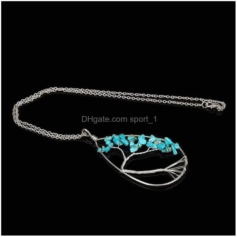  fashion natural stone tree of life water drop pendant necklaces jewelry gift for men women 