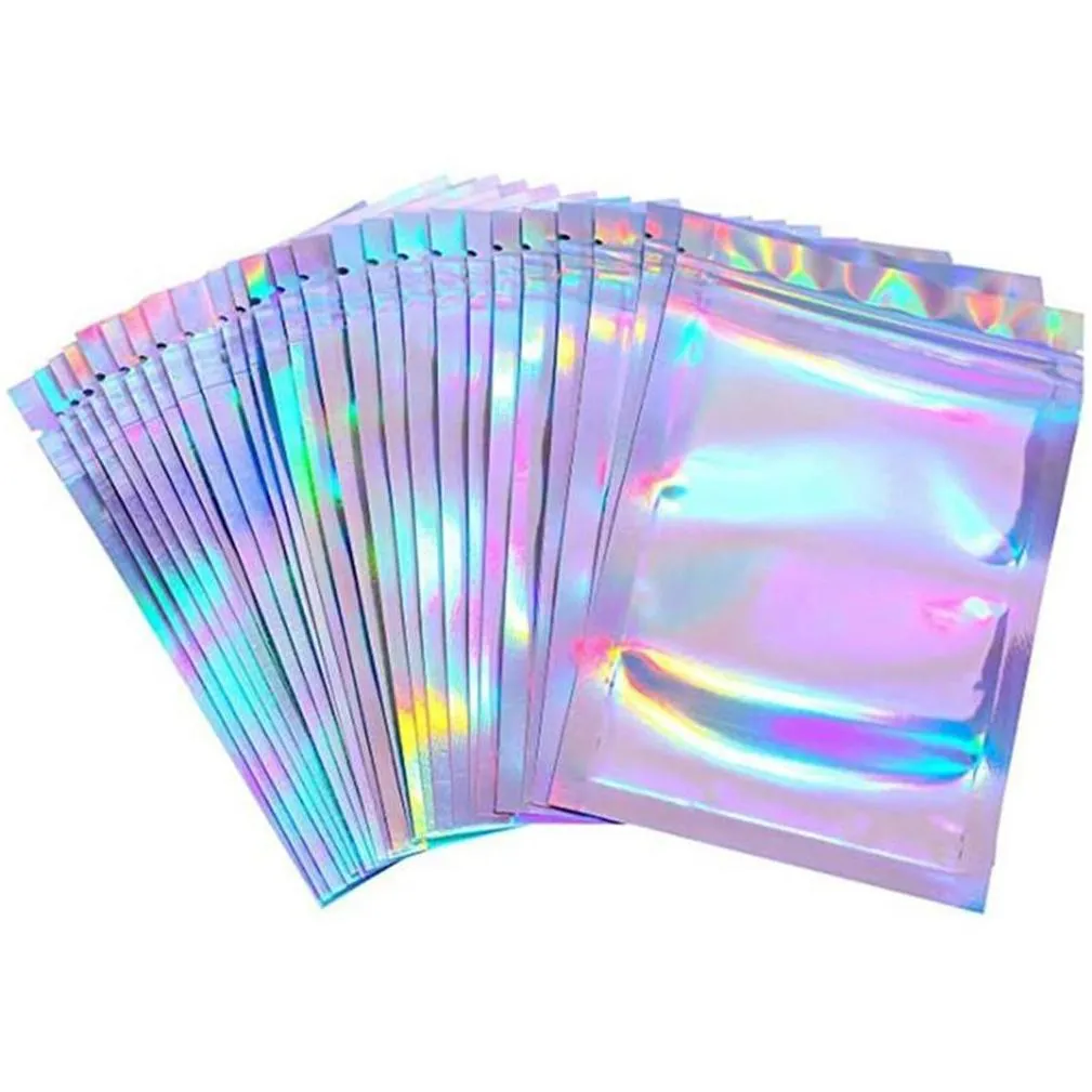 500pcs drop resealable mylar bags holographic color multiple sizes smell proof bag clear zip lock food candy storage packing