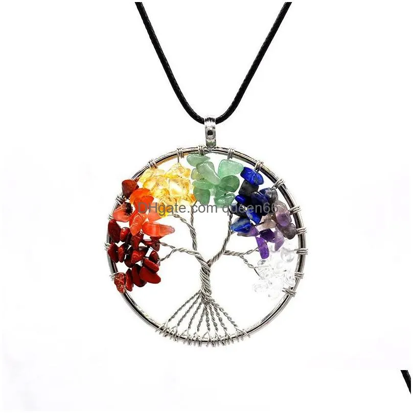 tree of life pendant necklaces natural crystal stone leather rope chain fashion jewelry for women men shipping