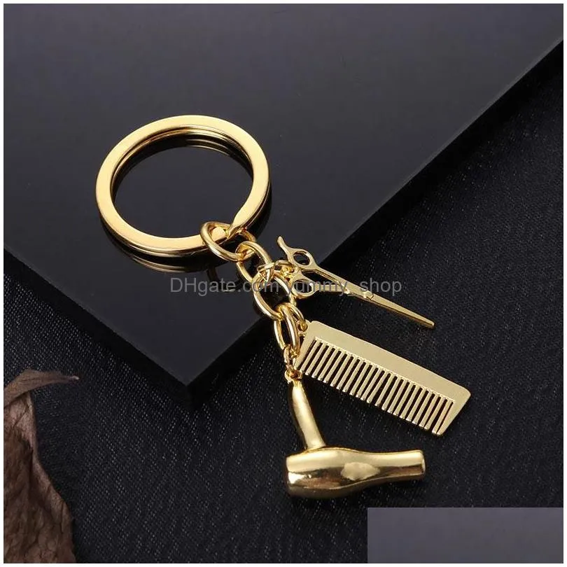 fashion haircut scissor comb hair dryer keychain key ring charm silver gold plated key chain bag hangs fashion jewelry