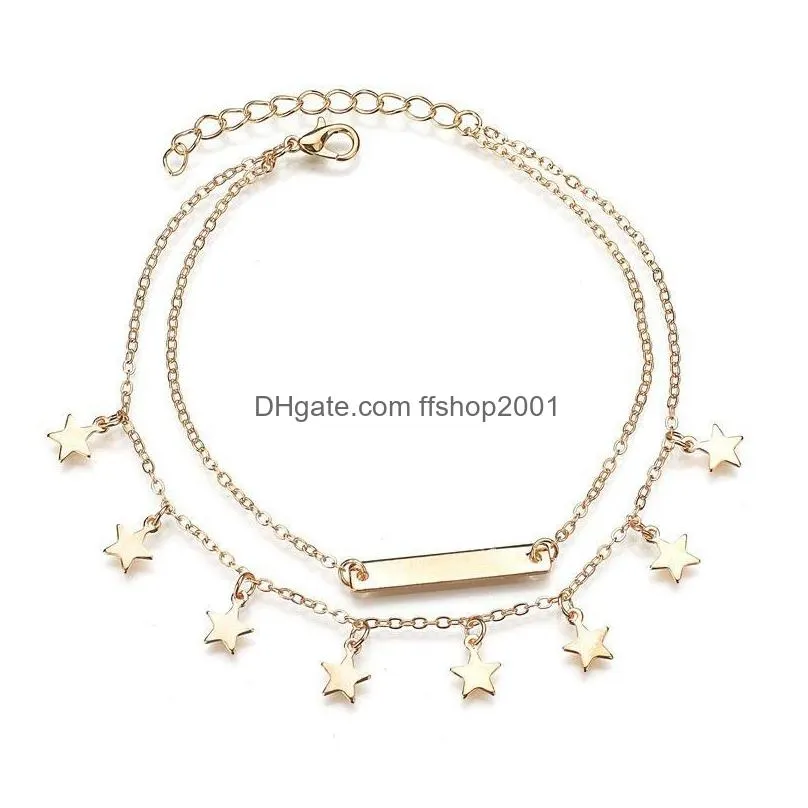 wholesale multilayer pentagram pendant anklets double layer alloy star charming ankle chain golden silver jewelry women gifts