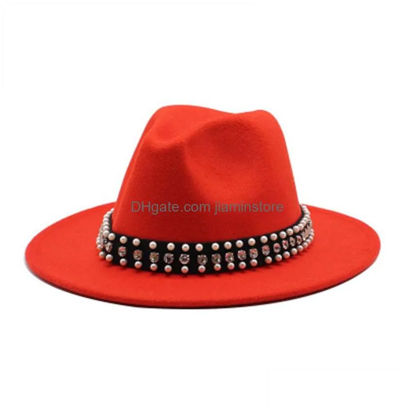 winter women hats wide brim jazz caps belt buckle party formal winter women fedora hats panama trilby  white red felt hats