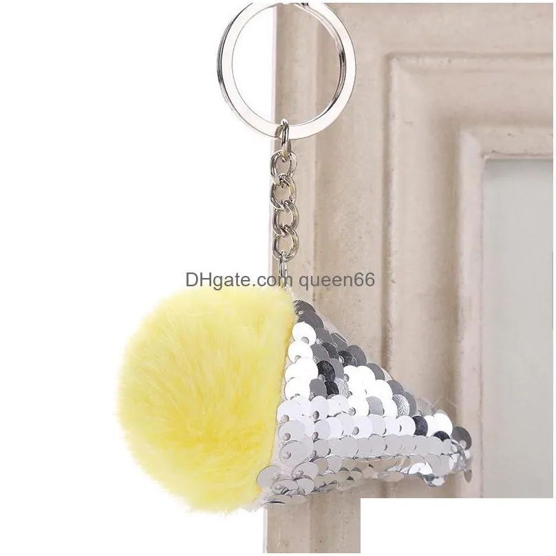 new arrival sequins fur ball ice cream keychain furry key chain keyring pompon for women backpack shoulder bags pendant gift