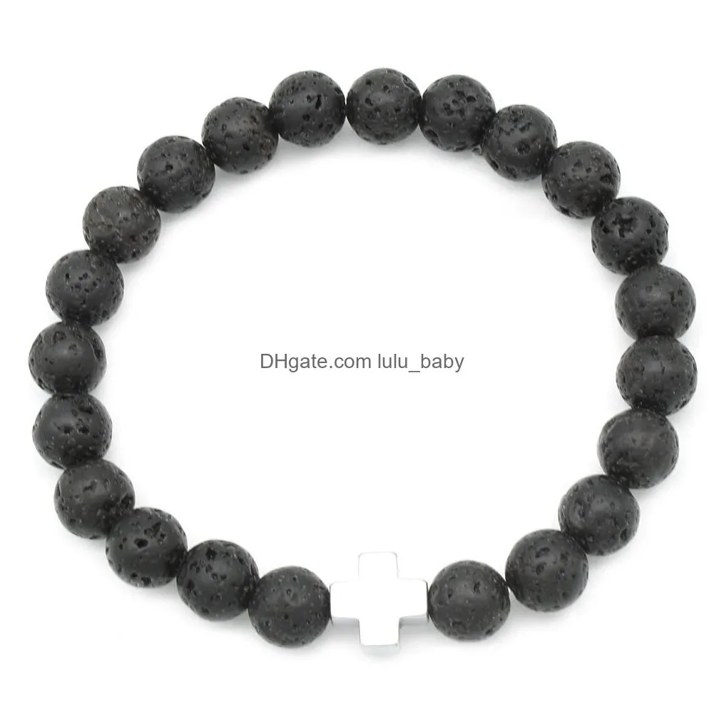  8mm volcanic lava rock religious cross bracelet elastic bangle essential oil diffuser bracelets unisex jewelry gift 4 colors