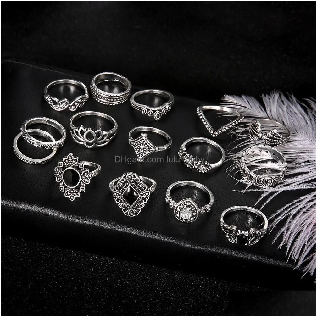 15 pcs/lot supply fashion ring set for women boho bohemia retro vintage black gemstone fashion jewelry ring set factory direct