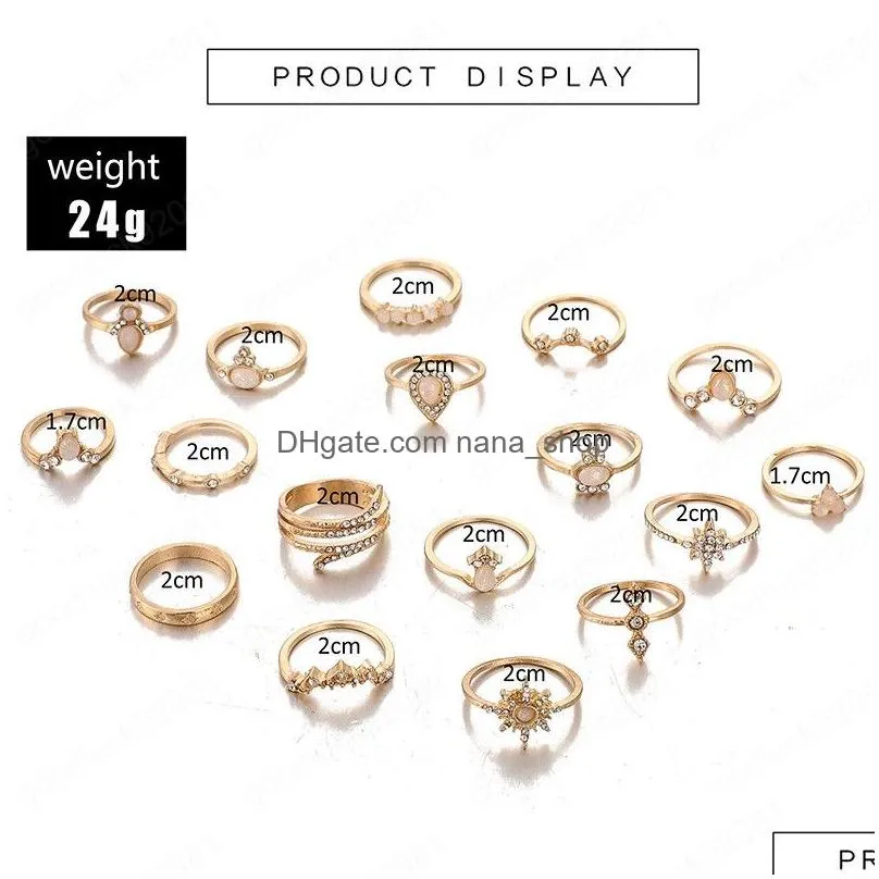 17 pcs/set bohemian retro crystal sun stars ring set opal zircon multielement ring for women elegant bridesmaid wedding jewelry