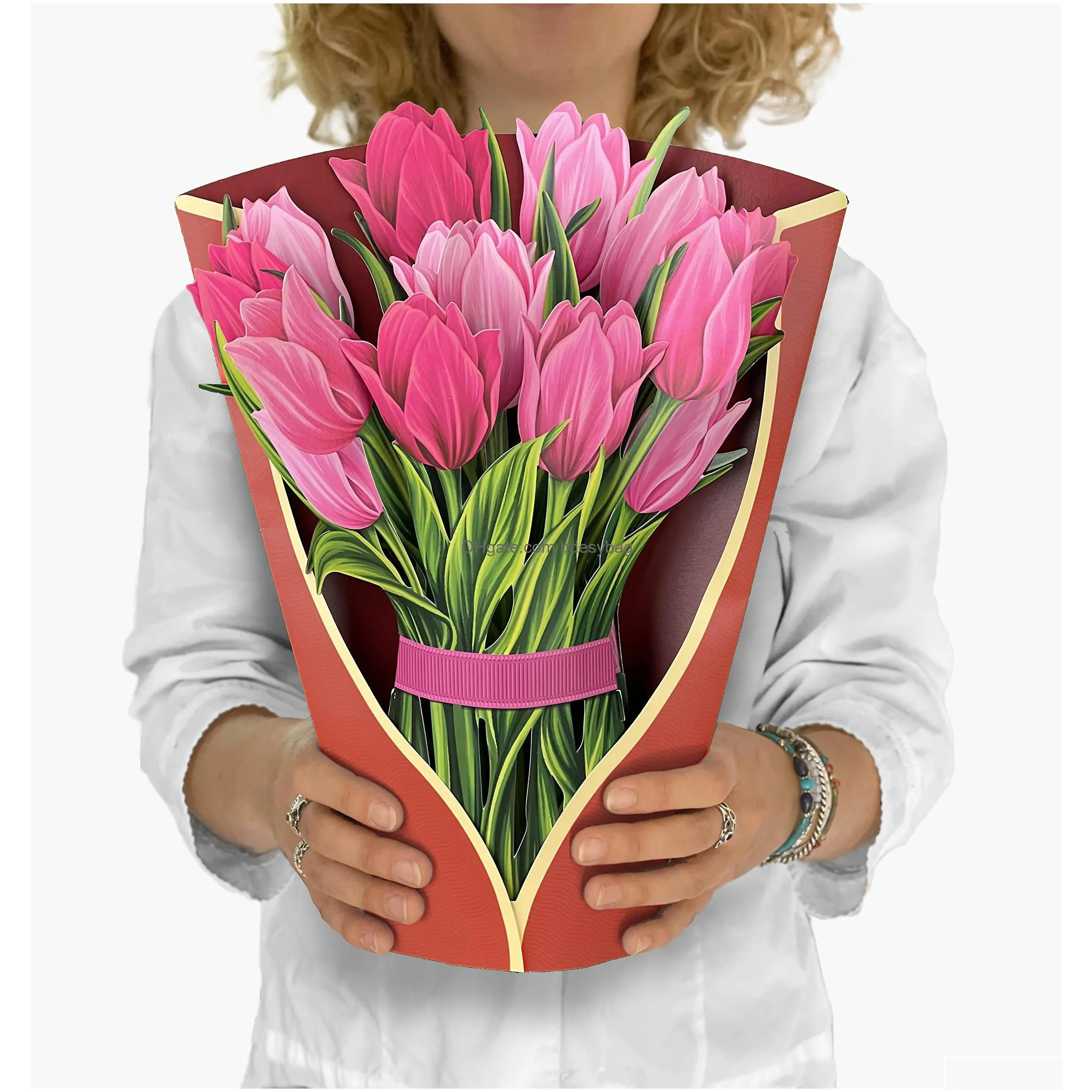 greeting cards  up pink tips 12 inch life sized flower bouquet 3d popup with note card and envelope drop delivery amlx5