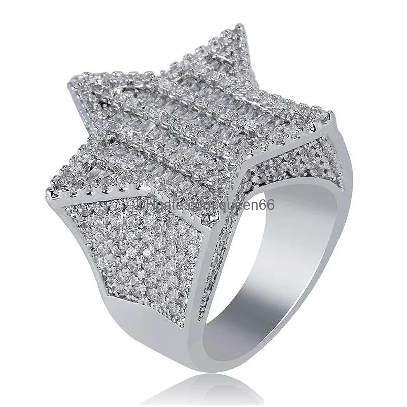 18k gold white gold mens luxury bling cubic zirconia pentagram hip hop ring band full diamond iced out rapper jewelry gifts for