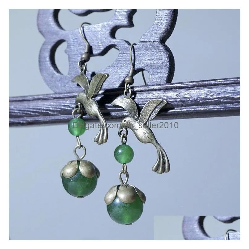 vintage ethnic jewelry fly birds dangle earrings fashion chalcedony beads vintage earrings green new stones ethnic earrings