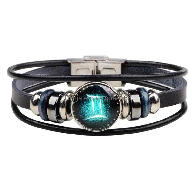 12 zodiac genuine leather bracelet dry constellations lovers woven bangles for women men beads charm bracelet