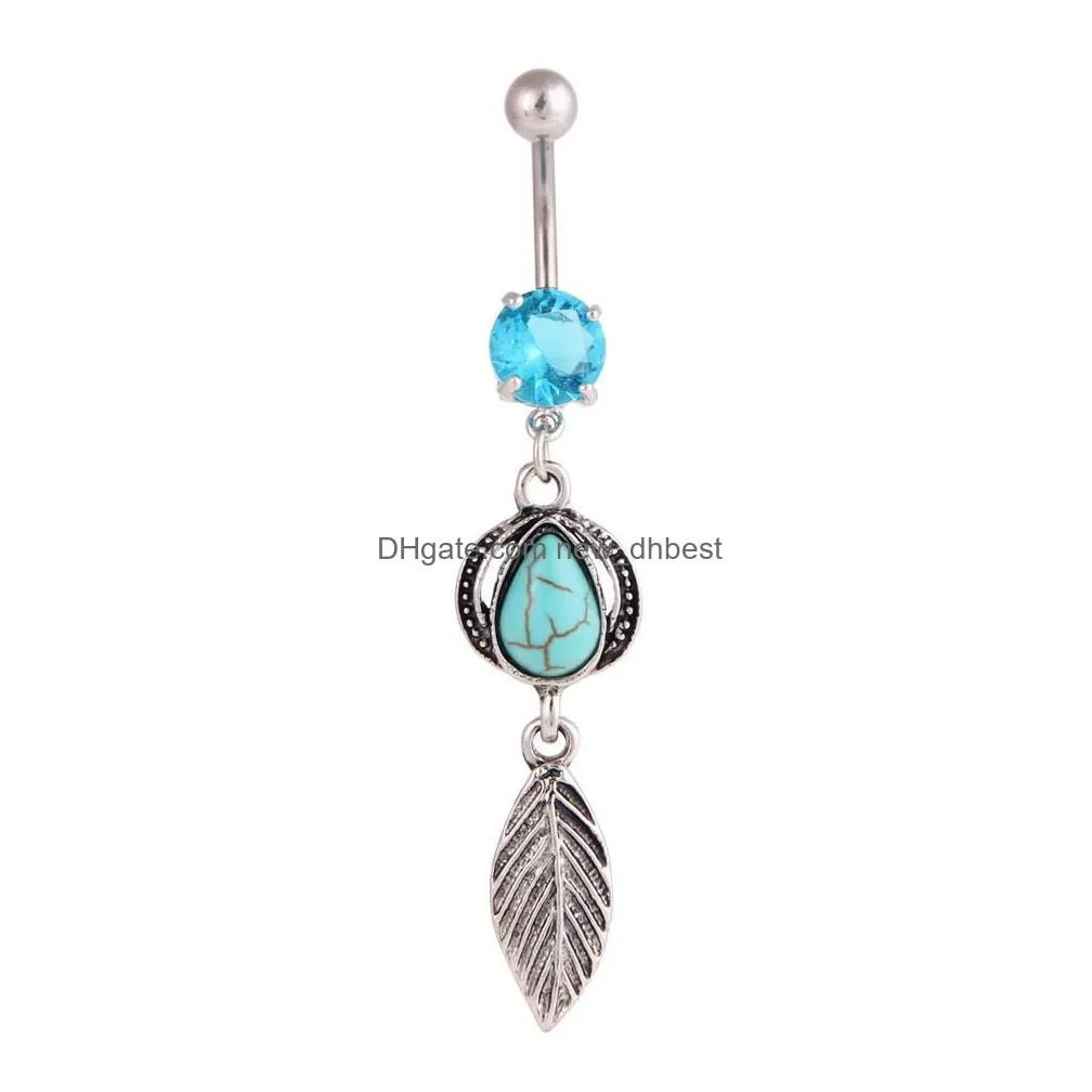 fashion belly button rings 316l stainless steel barbells dangle turquoise ball match feather navel rings piercing jewelry