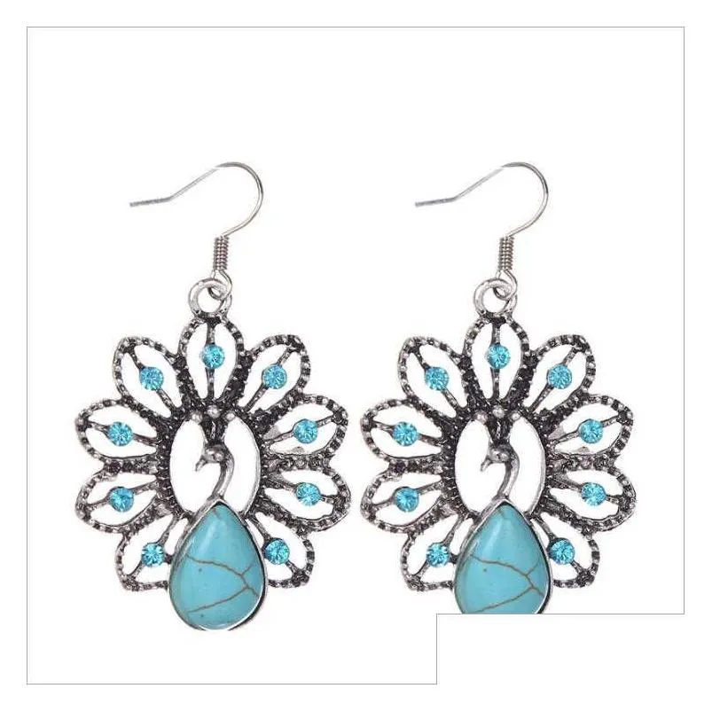 womens lovely peacock tibetan silver turquoise dangle chandelier earrings gstqe016 fashion gift national style women diy earring