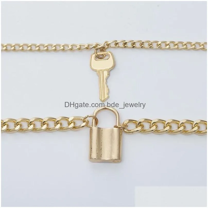 vintage punk key lock pendant necklaces for women gold silver color padlock charm double layer chain statement necklace party jewelry