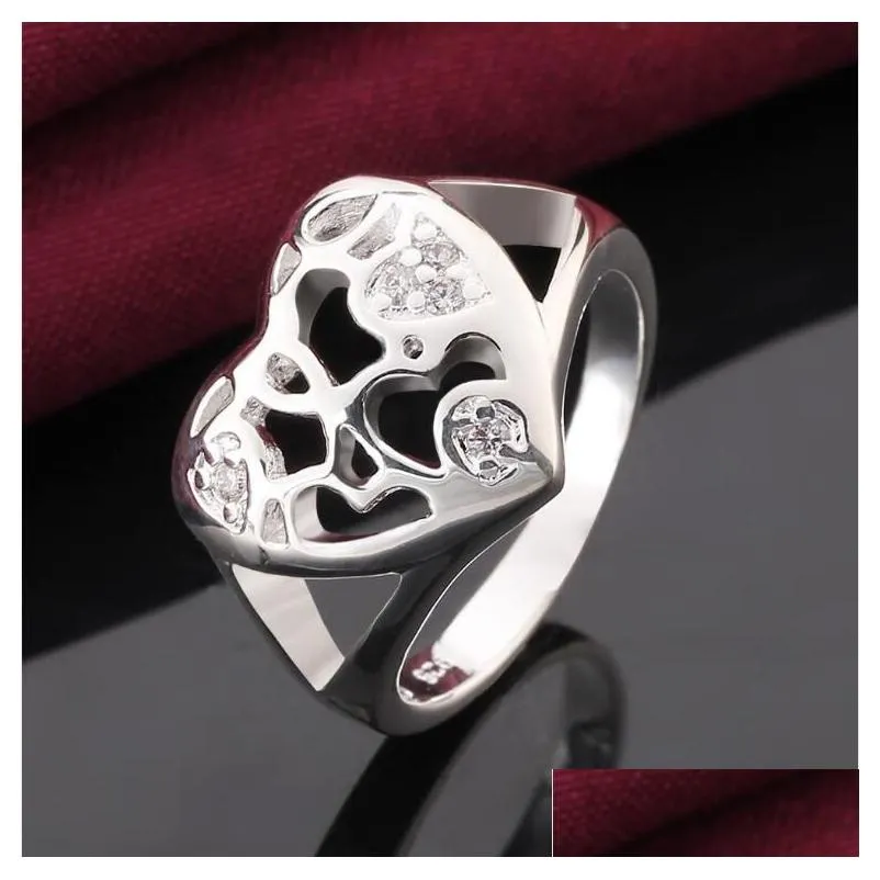 womens sterling silver plated hollow heart zircon ring with side stones gssr509 fashion 925 silver plate rings