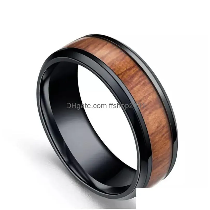 inlaid teak titanium steel ring mens wedding ring retro wood grain design ring for men women jewelry