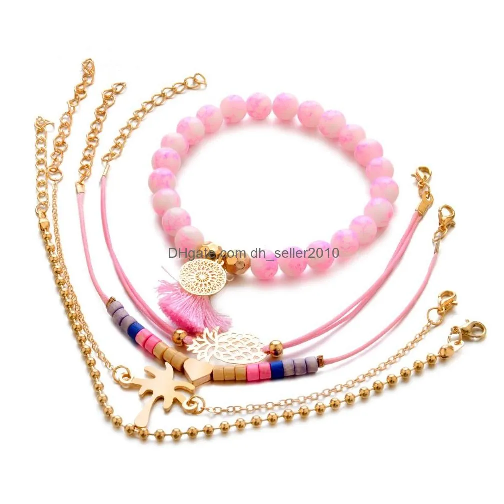 5 pcs/set boho women pineapple tassels dreamcatcher heart coconut tree chain bead leather bracelet set charm fashion accessories