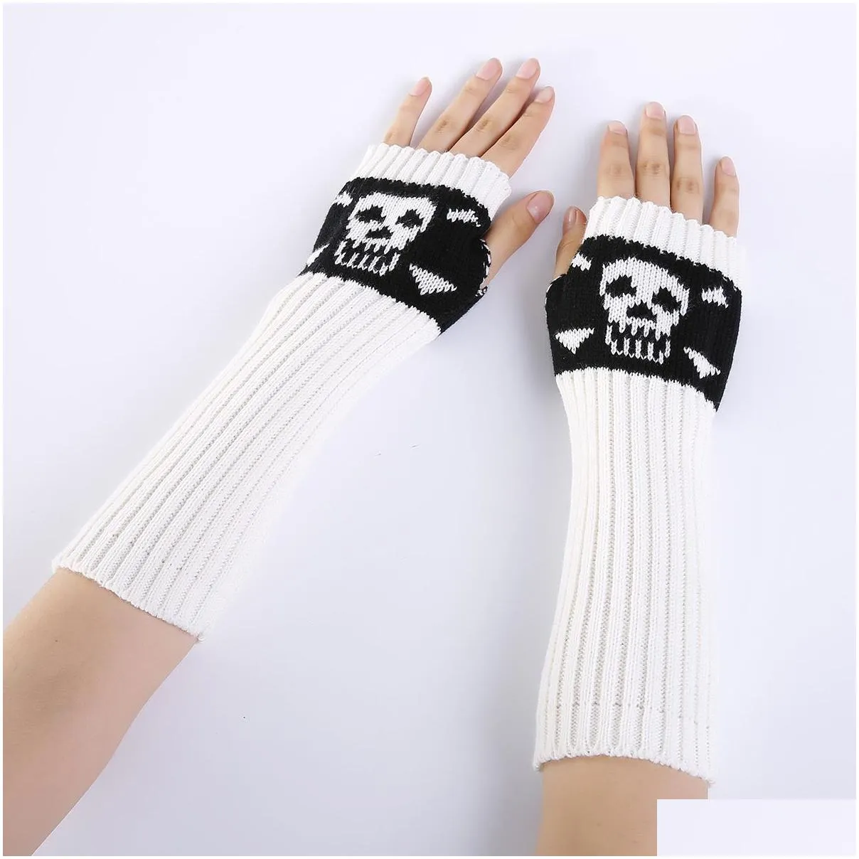 halloween punk gloves unisex skeleton skull half finger gloves glow in the dark fingerless stretch knitted winter mittens cpa4365