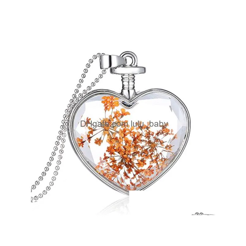 high quality heart glass dried flowers necklace female long chain glass pendant women engagement jewelry for lovers gift