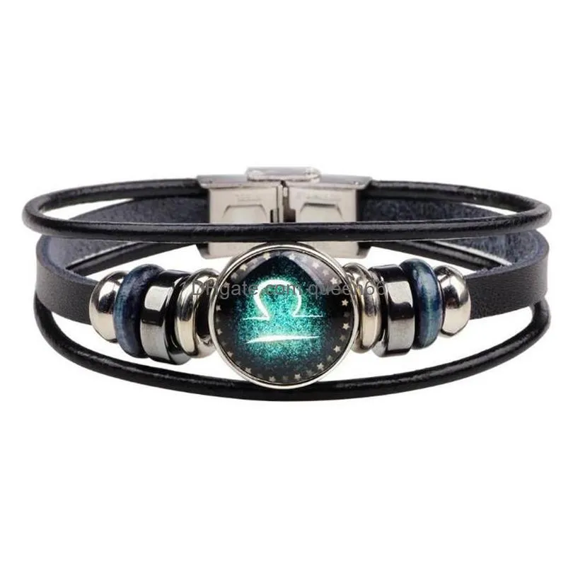 12 zodiac genuine leather bracelet dry constellations lovers woven bangles for women men beads charm bracelet