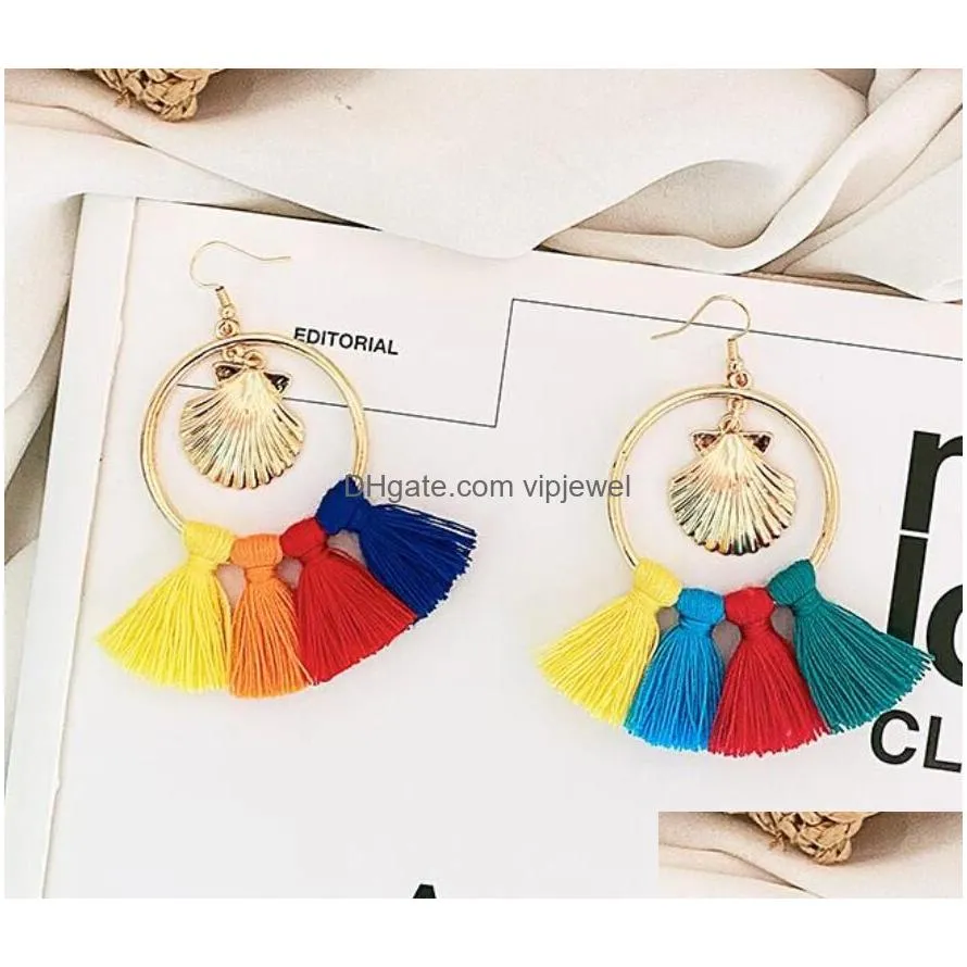 bohemian tassel earrings colorful hoop fringe layerd dangling shell earrings for women girls gift statement earrings