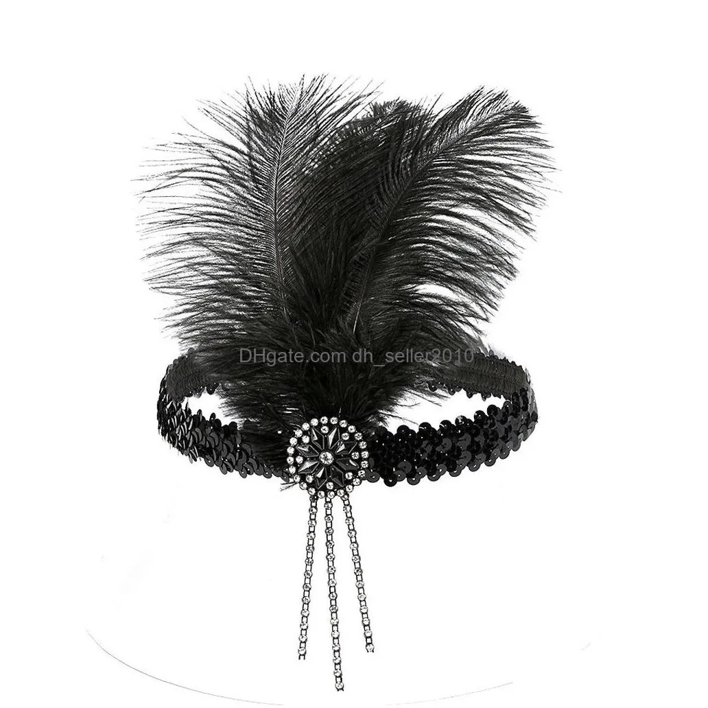 rhinestones headband flapper feather crystal beaded headwear women 1920s style accessories handmade wedding sequins accessories