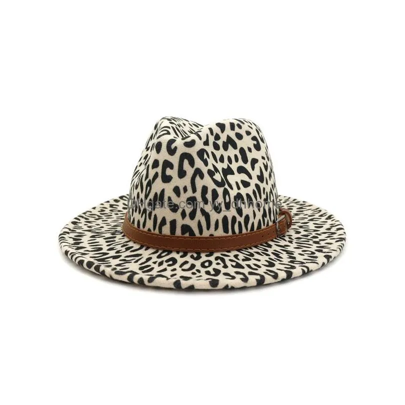 european us autumn winter leopard print jazz fedora hats with belt buckle decor men women panama trilby wool felt hat