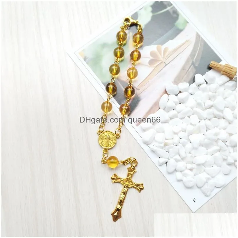 yellow transparent acrylic beaded bracelet jesus cross rosary bracelet religious jewelry