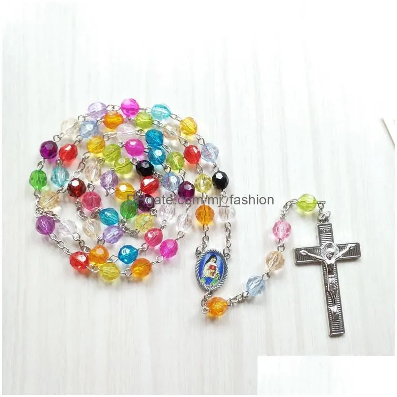 colors acrylic cross pendant rosary religious long women necklace