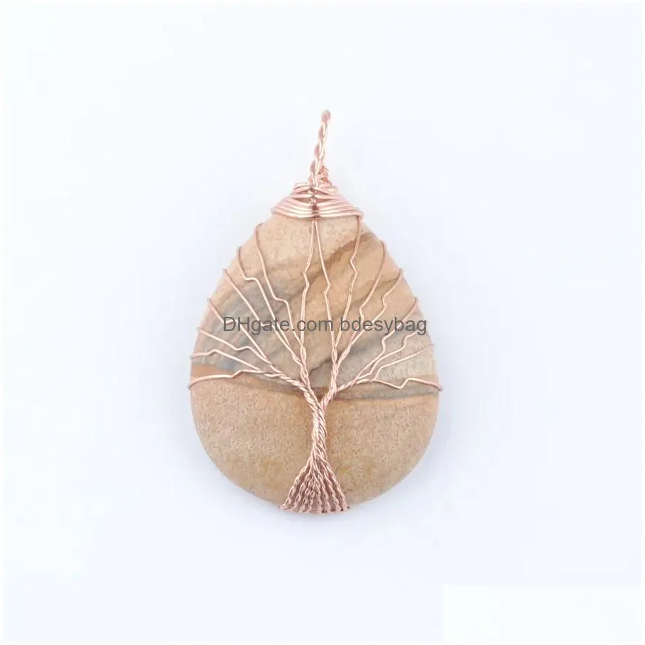 natural stone pendants rose gold color wire wrap handmade tree of life drop shape obsidian amethysts tigers eye opal bn444