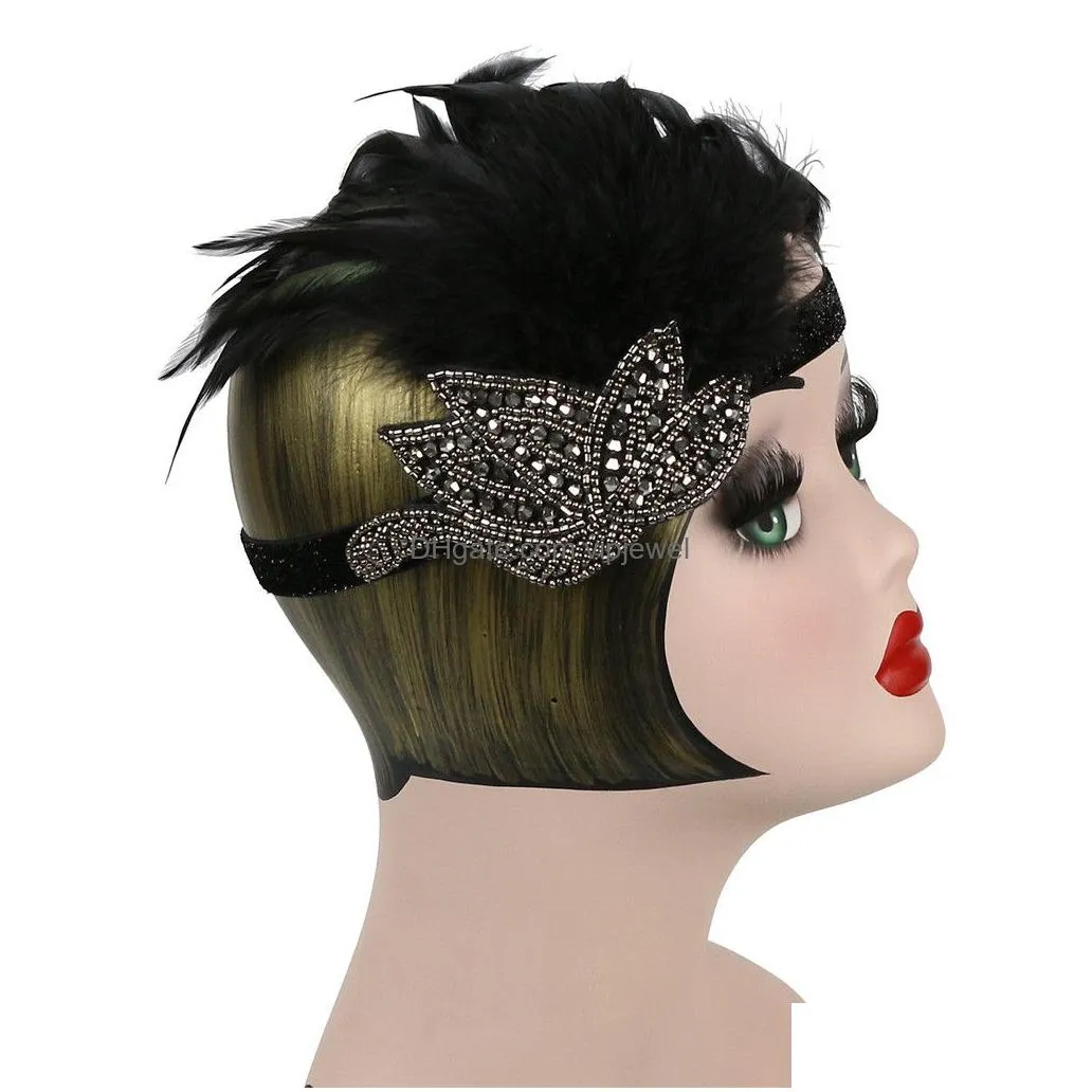 women elegant wedding hair accessories fashion rhinestones feather party hat sequins beaded headband accessory