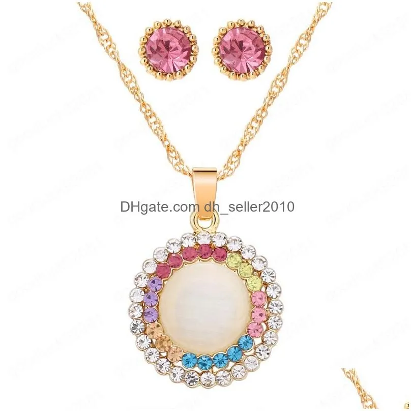 opal stone jewelry sets gold color round pendant necklace add stud earrings for women wedding bridal jewelry set gift