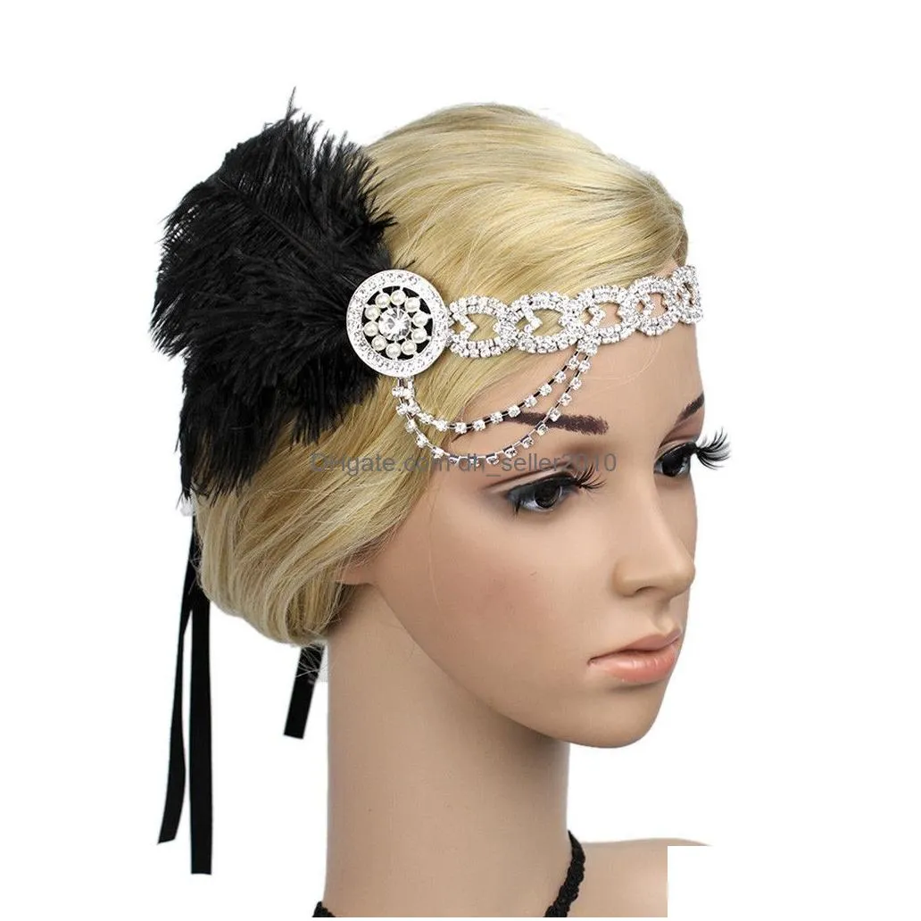 women elegant fascinators headband pearl rhinestones hair vintage ladies strap flower feather party hair clip headband accessory