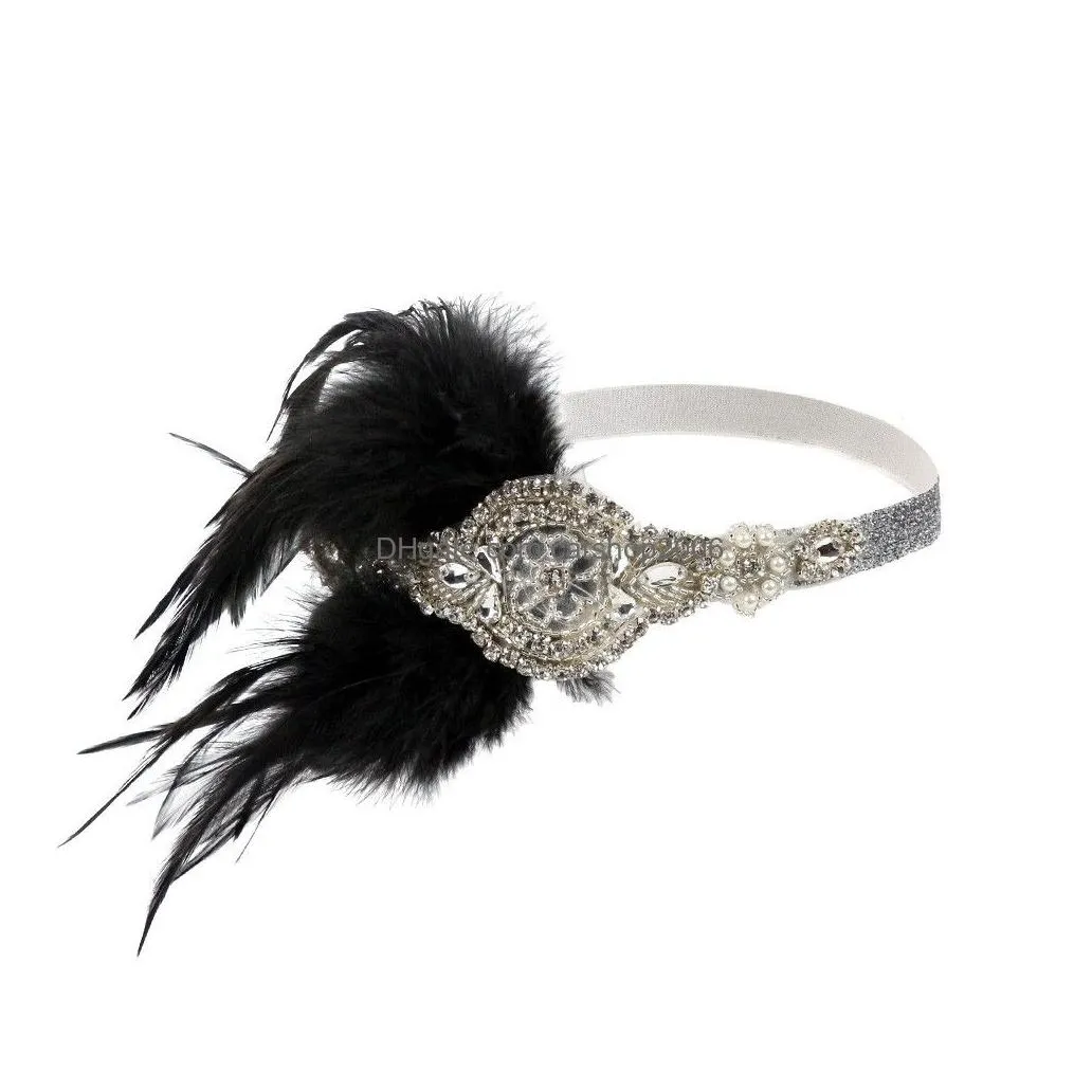 fashion party flapper feather headband with black rhinestones sequins headpiece crystal beaded handmade wedding accessories