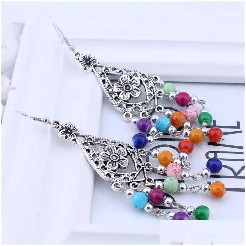 womens hollow flowers tibetan silver turquoise charm earrings gstqe041 fashion gift national style women diy earring