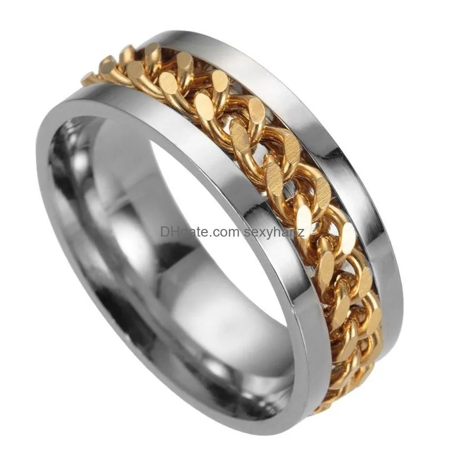 stainless steel mens spinner rings highend boutique gold black silver chains rotatable finger ring for women fashion jewelry in bulk