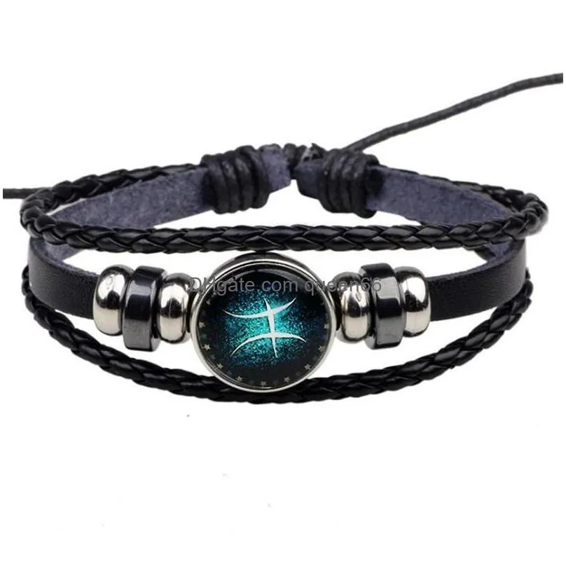 genuine leather bracelet 12 zodiac blue dry constellations lovers woven bangles beads charm bracelet lover bracelets for gift