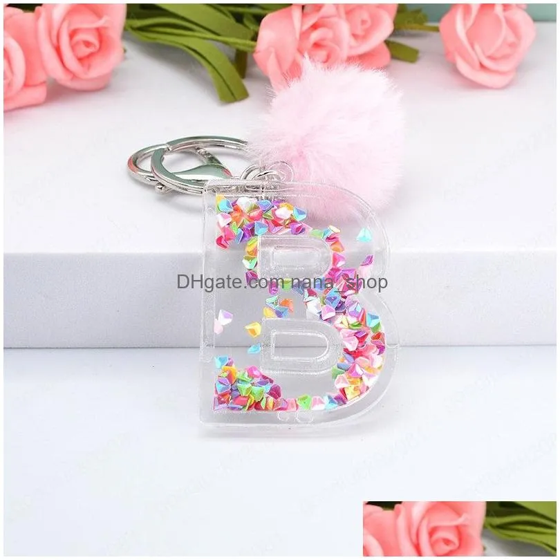 letter keychains 26 glitter hollowedout pink english alphabet car key ring women handbag crafts with puffer ball gift