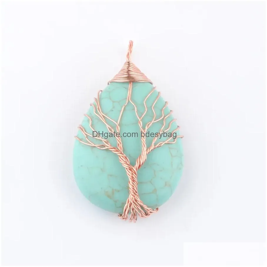 natural stone pendants rose gold color wire wrap handmade tree of life drop shape obsidian amethysts tigers eye opal bn444