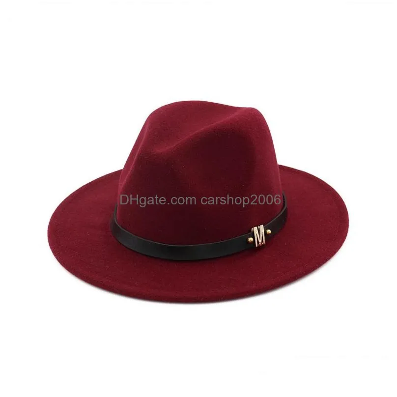 men women wool panama felt hat wide brim jazz fedora hats black m letter leather band decorated formal hat trilby