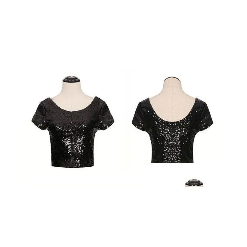 sparkling sequins crop top for women scoop neck short sleeve t shirts slim fit short tees sexy night out clothing