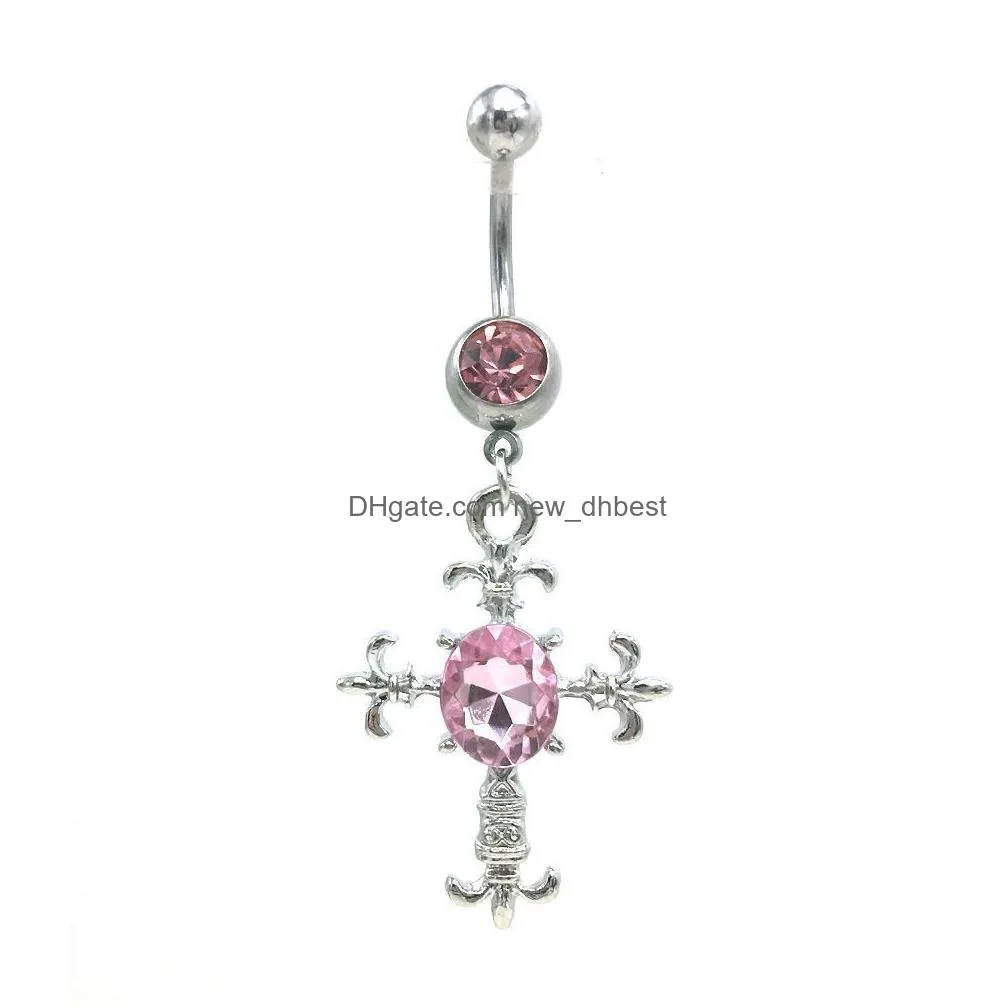 fashion crystal cross belly button rings 316l stainless steel barbells dangle cross navel rings piercing jewelry