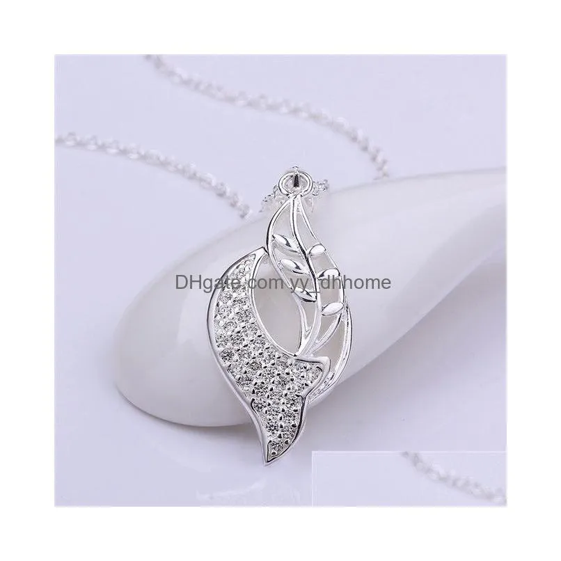 wedding leaves womens sterling silver plate necklace fashion 925 silver pendant necklace with chains gn575