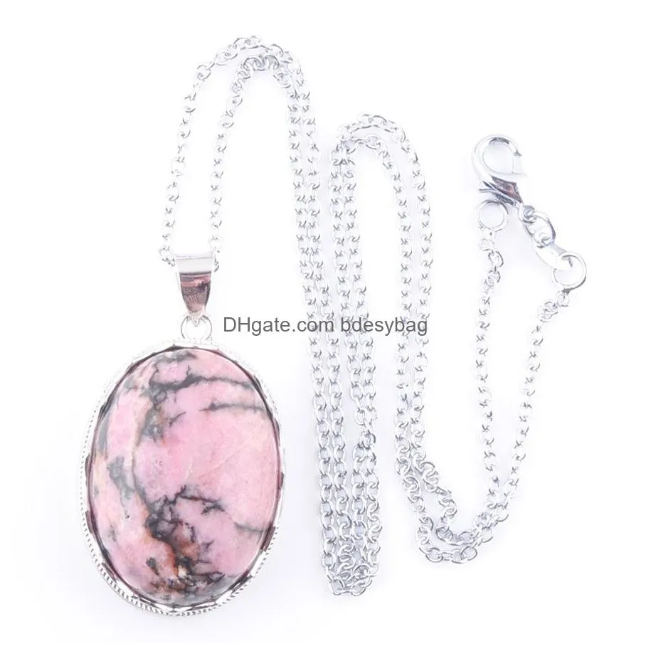 natural stone cute egg shape pendant necklace agates rose quartzs beads with chain for girls women jewelry chain 45cm bn376