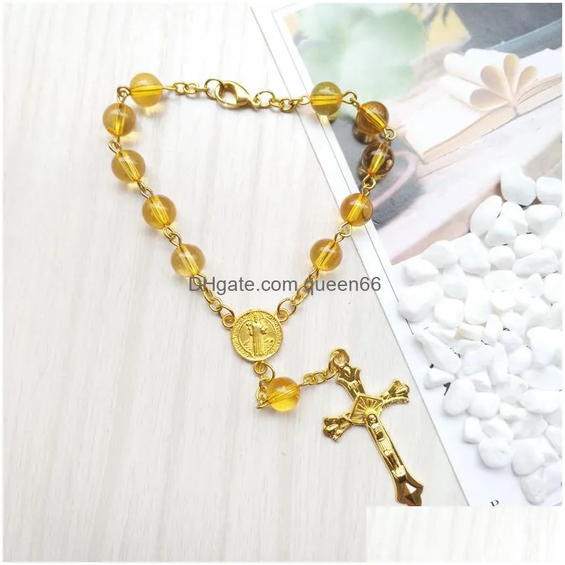 yellow transparent acrylic beaded bracelet jesus cross rosary bracelet religious jewelry