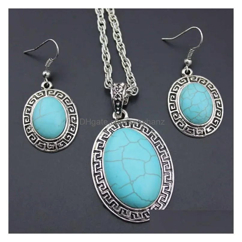 womens oval beads tibetan silver turquoise earrings necklace set gstqs030 fashion gift national style women diy jewelry sets